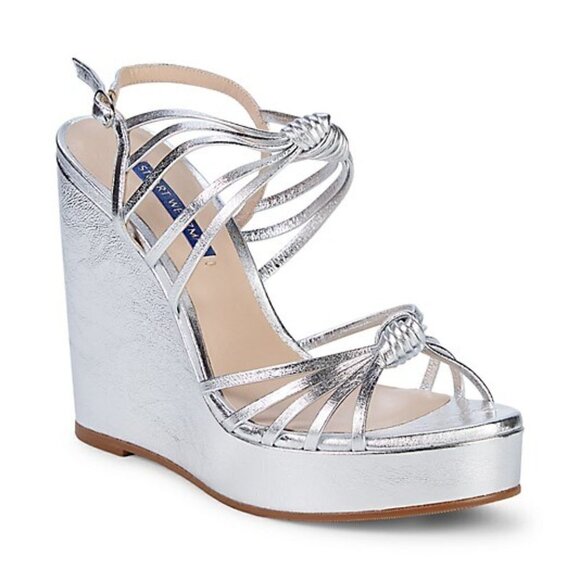 New Stuart Weitzman Saffron Silver Platform Wedge Sandals New Beyoncé Style 9 US - Picture 4 of 6